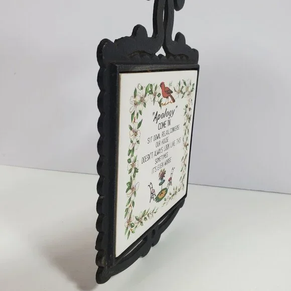 MCM Cast Metal Ceramic Tile Wall Plaque Trivet Vintage Apology Birds Flowers - Picture 5 of 14